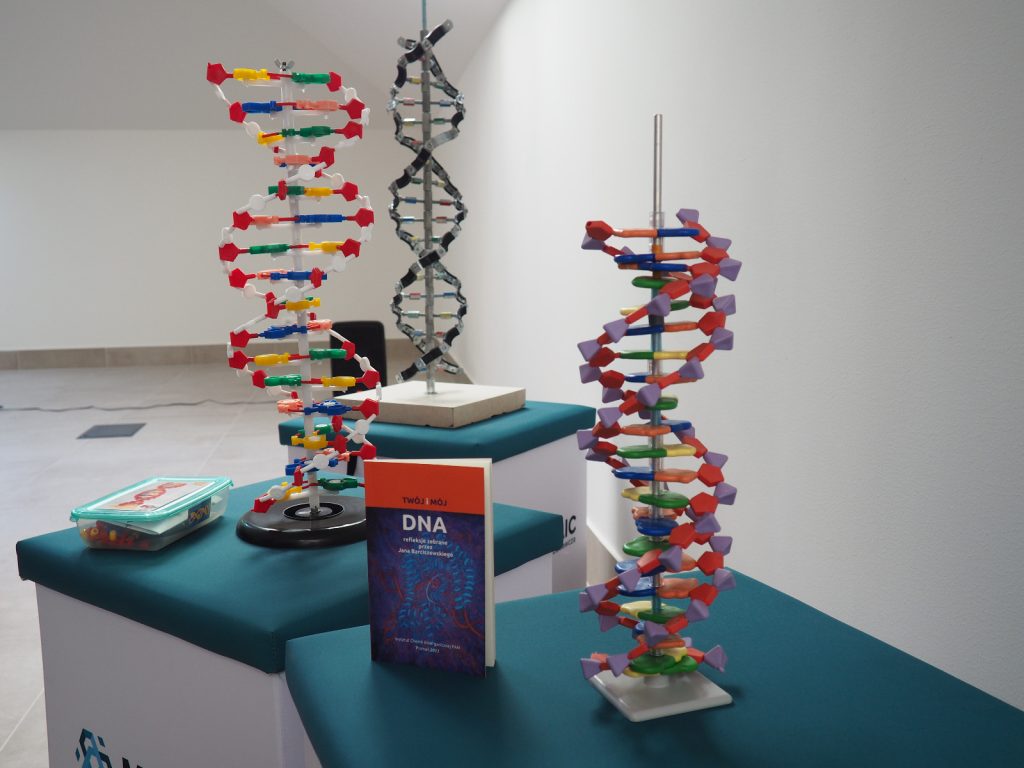 3 modele helisy DNA. Przed nimi książka "Twój i mój DNA refleksje zebrane przez Jana Barciszewskiego".
