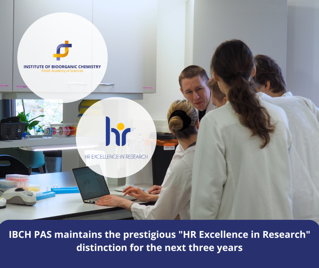  IBCH PAS logo and Hr Excellence in Reaserch. Headline: ‘IBCH PAS maintains the prestigious "HR Excellence in Research" distinction for three years’. In the background, a group of scientists at work.