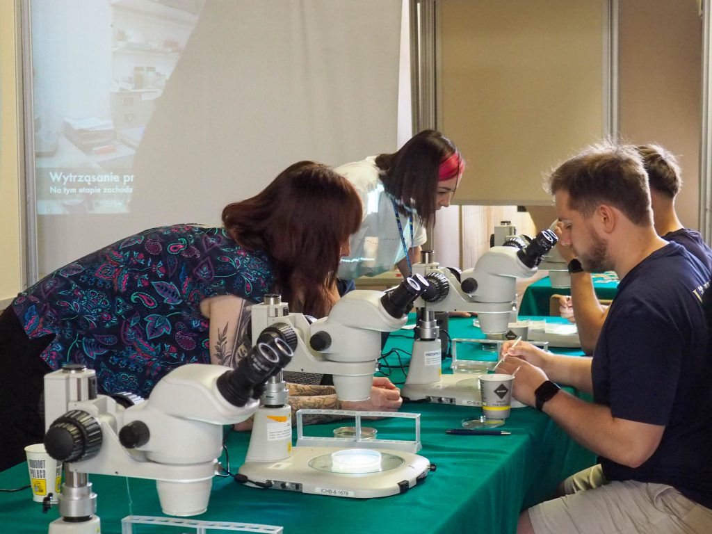 Two young men looking at something under a microscope under the supervision of two female scientists, with a presentation in the background