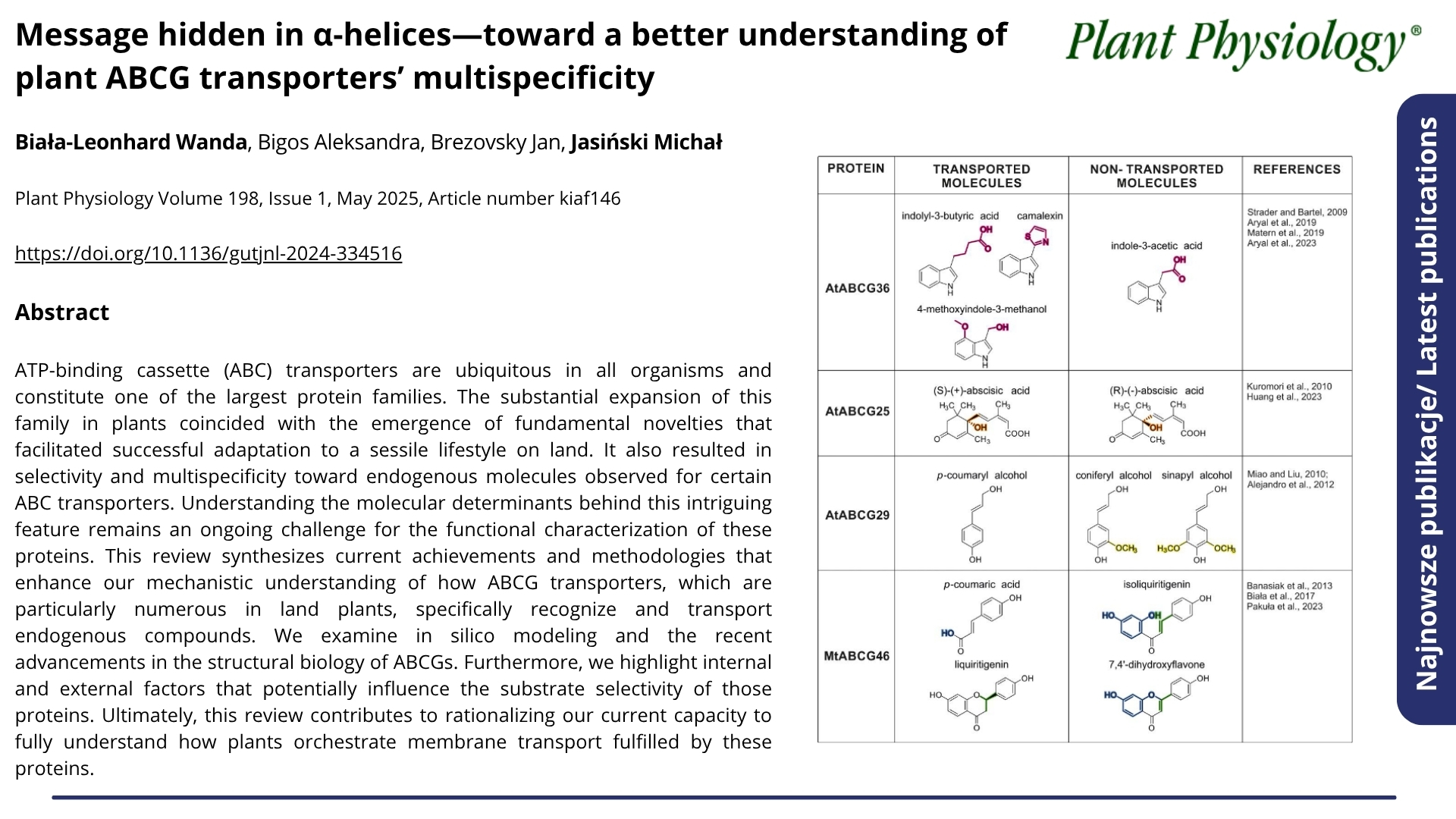 Najnowsze publikacje. Nagłówek: &quot;Message hidden in α-helices—toward a better understanding of plant ABCG transporters’ multispecificity&quot;. Plant Physiology Volume 198, Issue 1, May 2025, Article number kiaf146. Autorzy: Biała-Leonhard Wanda, Bigos Aleksandra, Brezovsky Jan, Jasiński Michał. Poniżej abstrakt.