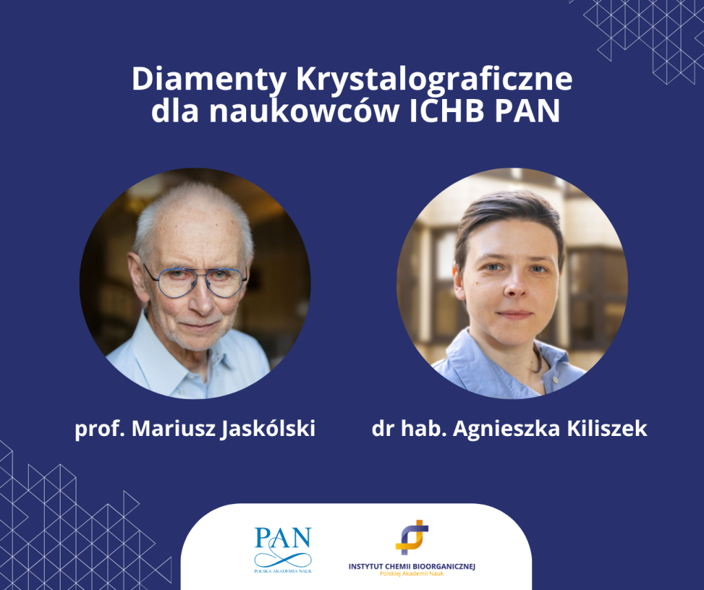 Grafika. Tytuł "Diamenty Krystalograficzne dla naukowców ICHB PAN". Poniżej zdjęcie portretowe prof. Mariusza Jaskólskiego oraz dr hab. Agnieszki Kiliszek. Obie osoby są strojach formalnych, uśmiechają się. Poniżej logotyp Polskiej Akademii Nauk oraz Instytutu Chemii Bioorganicznej PAN.

