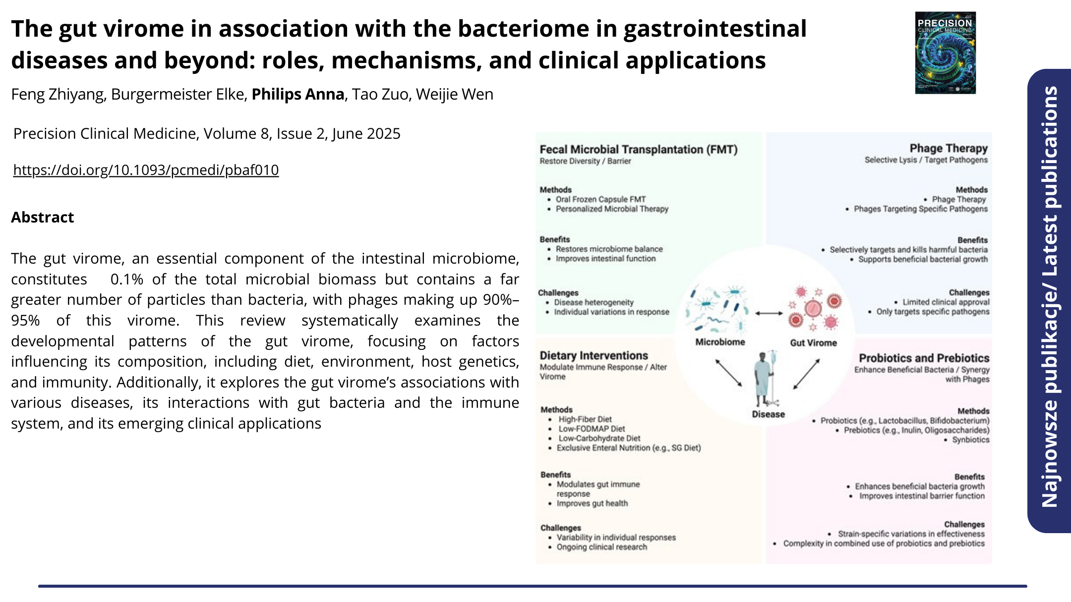 Publikacja The gut virome in association with the bacteriome in gastrointestinal diseases and beyond: roles, mechanisms, and clinical applications. Kliknij, by zobaczyć więcej.