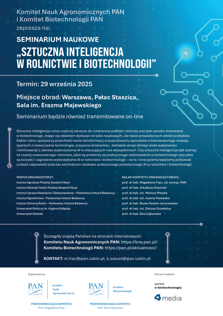 Plakat seminarium pt. Sztuczna inteligencja w rolnictwie i biotechnologii