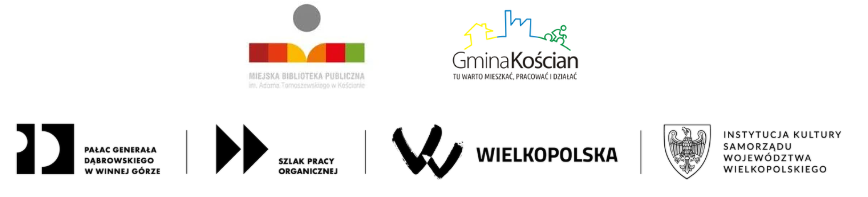 Logos of the Municipal Public Library in Kościan, the Kościan Municipality, the General Dąbrowski Palace, the Organic Work Trail, the Greater Poland Voivodeship, and the Cultural Institution of the Self-Government of the Greater Poland Voivodeship.