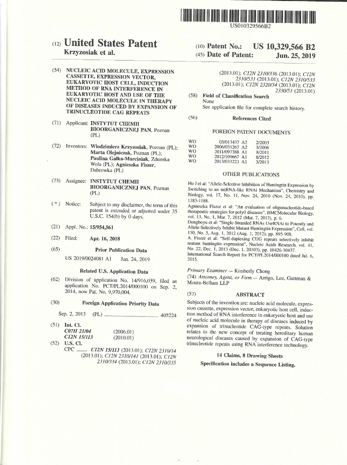 Scan of the first page of the US patent description - patent number US 10329566
