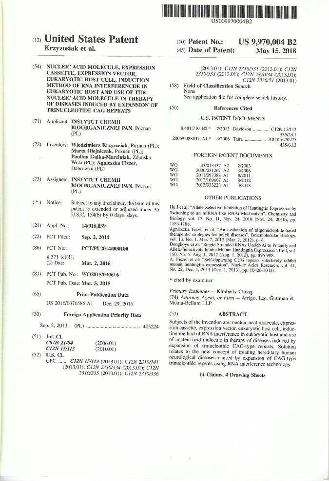 Scan of the first page of the US patent description - patent number US 9970004