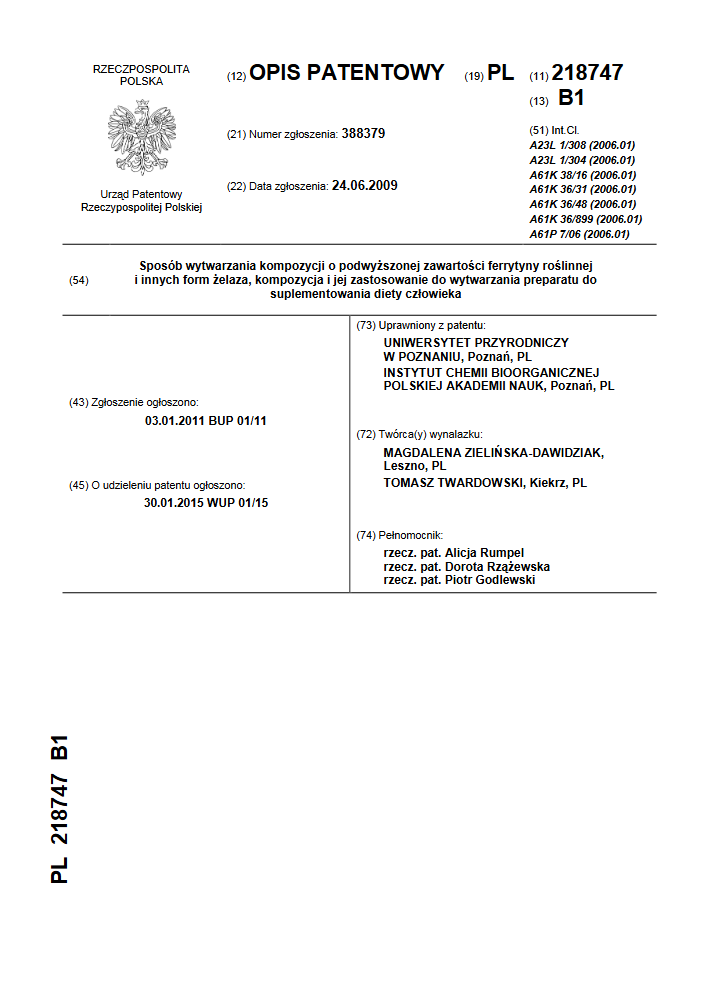 Scan of the first page of the Polish patent description - patent number PL 218747
