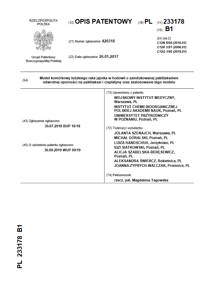 Scan of the first page of the Polish patent description - patent number PL 233178