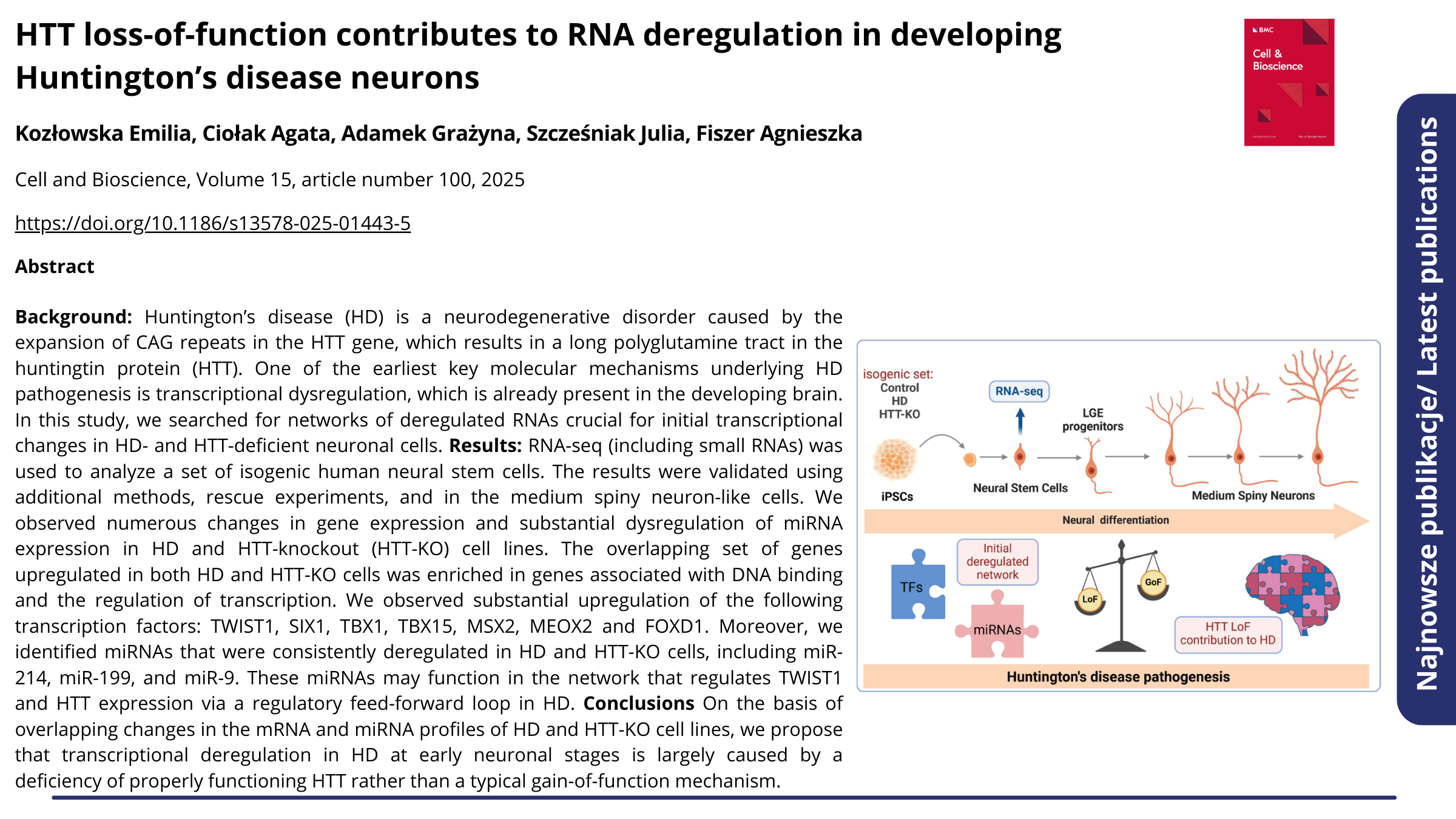 Publikacja HTT loss-of-function contributes to RNA deregulation in developing Huntington’s disease neurons. Kliknij, by zobaczyć więcej.