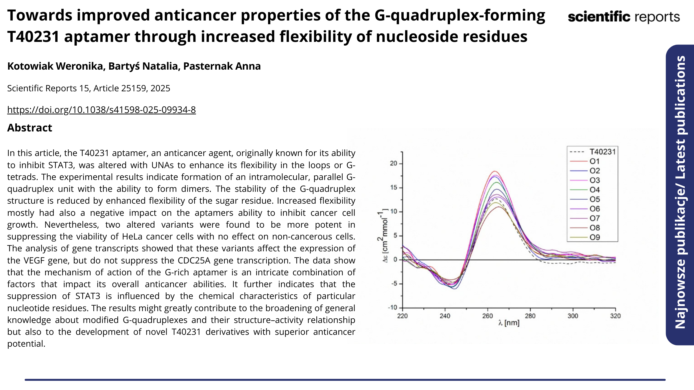 Towards improved anticancer properties of the G-quadruplex-forming T40231 aptamer through increased flexibility of nucleoside residues. Kliknij, by zobaczyć więcej.
