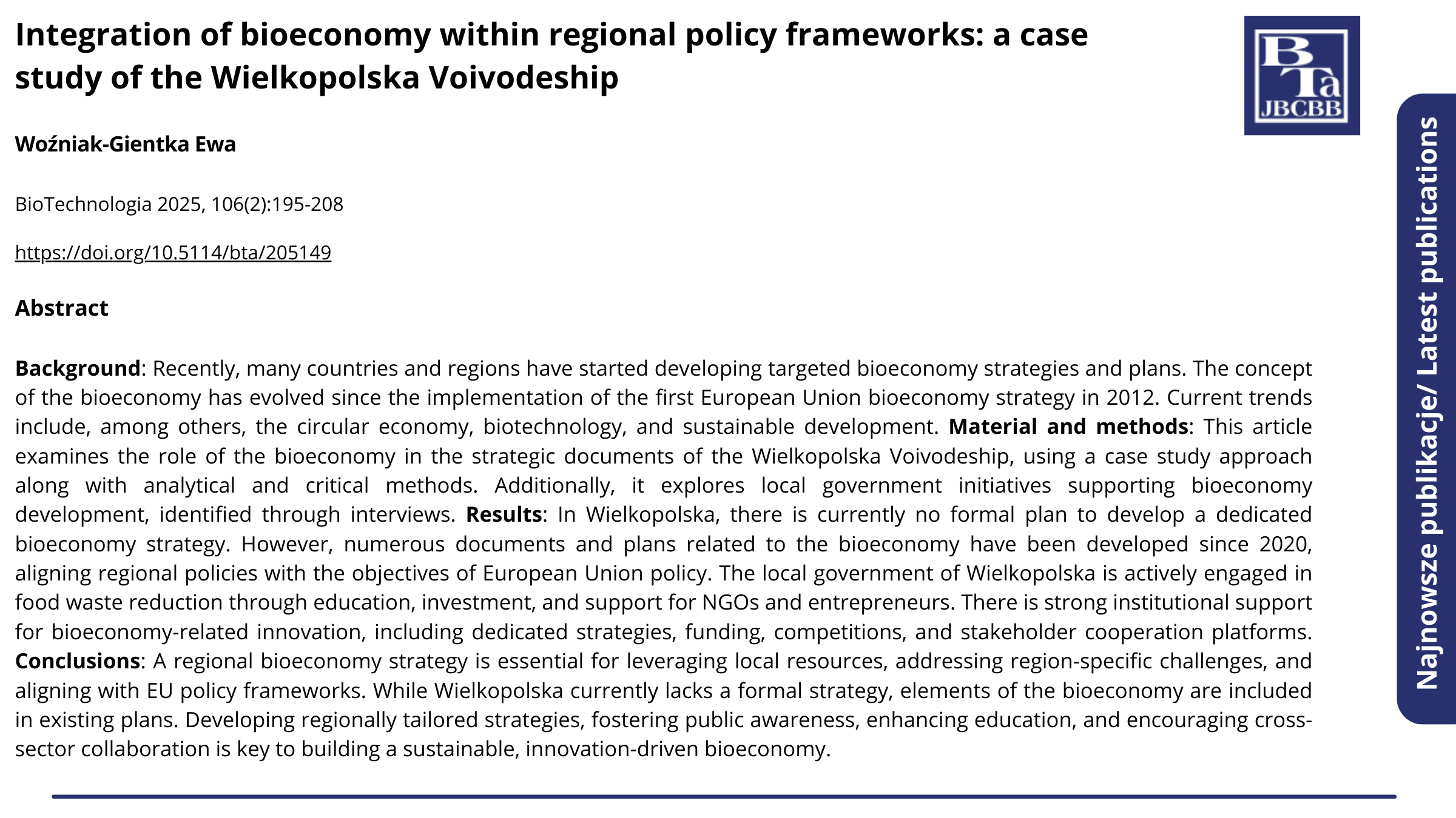 Publikacja Integration of bioeconomy within regional policy frameworks: a case study of the Wielkopolska Voivodeship. Kliknij, by zobaczyć więcej.