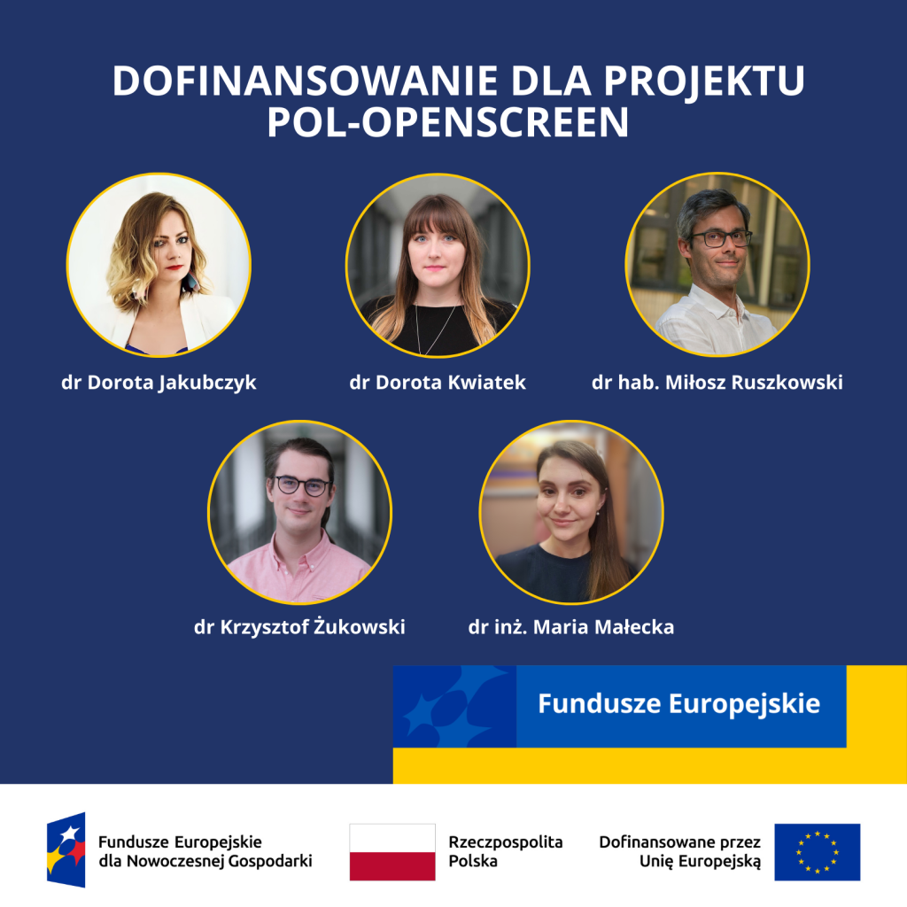 Dofinansowanie dla projektu POL-OPENSCREEN. Zdjęcia portretowe Doroty Jakubczyk,  Doroty Kwiatek, Miłosza Ruszkowskiego, Krzysztofa Żukowskiego, Marii Małeckiej.
