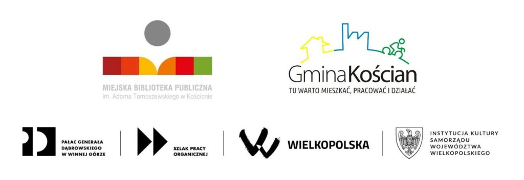 Logotypy Miejskiej Biblioteki Publicznej w Kościanie, Gminy Kościan, Pałacu Generała Dąbrowskiego, Szlaku Pracy Organicznej, Województwa Wielkopolskiego oraz Instytucji Kultury Samorządu Województwa Wielkopolskiego