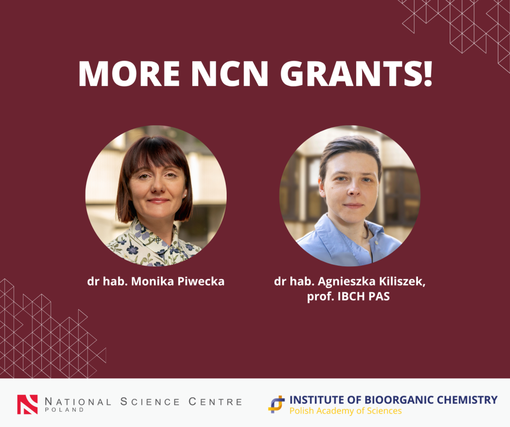The graphic depicts the faces of two female scientists against a burgundy background, whose projects received funding from the National Science Centre. At the bottom of the graphic are the logos of the Institute of Bioorganic Chemistry of the Polish Academy of Sciences and the National Science Centre.