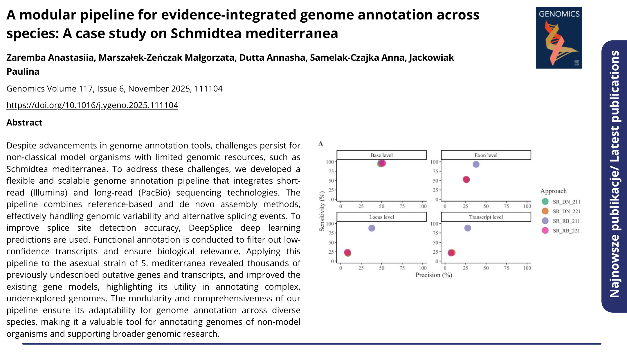 Publikacja A modular pipeline for evidence-integrated genome annotation across species: A case study on Schmidtea mediterranea. Kliknij, by zobaczyć więcej.