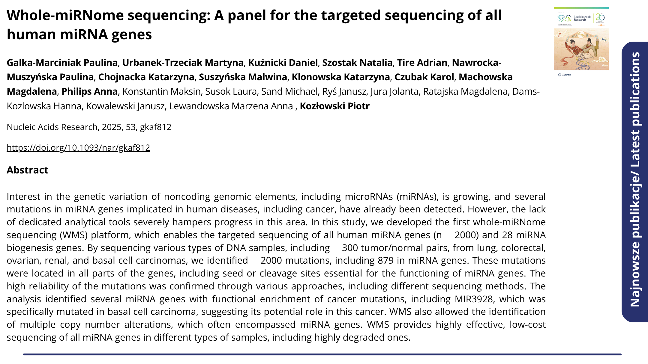 Publikacja Whole-miRNome sequencing: A panel for the targeted sequencing of all human miRNA genes. Kliknij, by zobaczyć więcej.