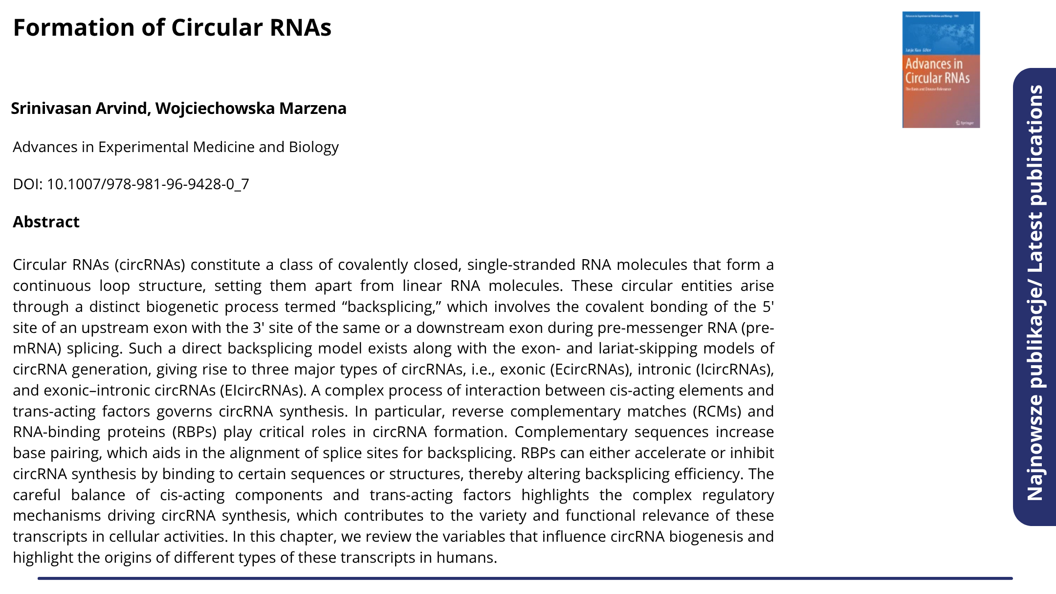  Publikacja Formation of Circular RNAs. Kliknij, by zobaczyć więcej.