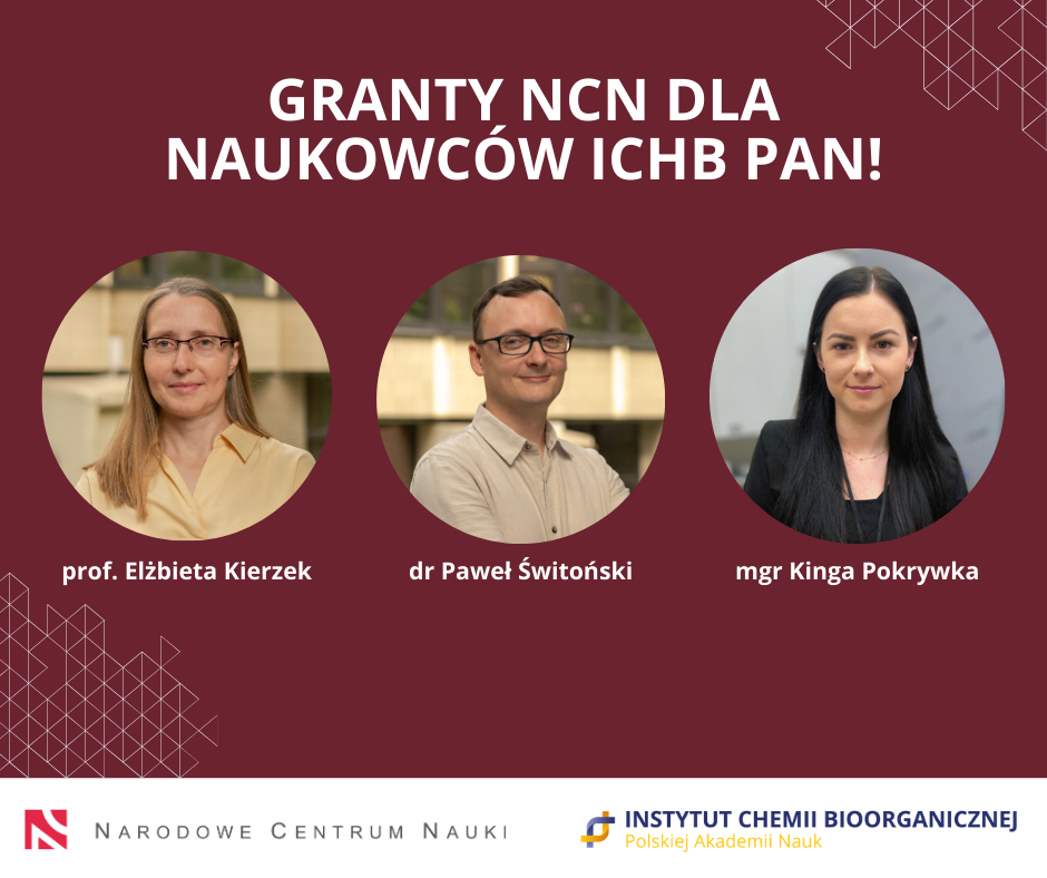 Nagłówek: "Granty NCN dla naukowców ICHB PAN!". Poniżej zdjęcia profilowe laureatów.