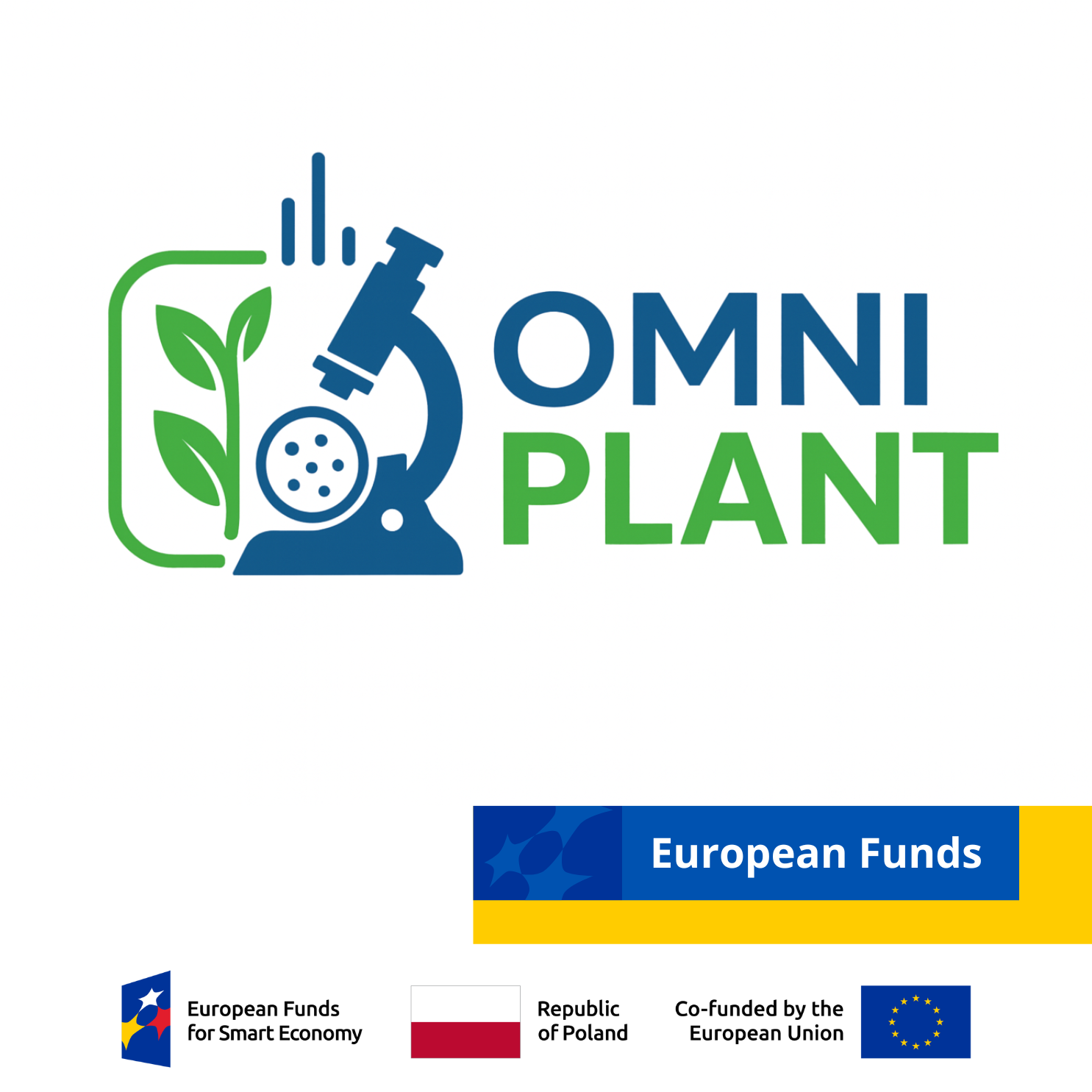 The OMNIPLANT logo consists of an image of a microscope and a plant. The inscription reads ‘European Funds’. At the bottom of the graphic are the logos of the European Funds for Smart Economy, the Republic of Poland and the European Union.