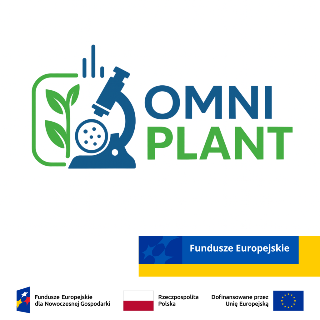 Logo OMNIPLANT składające się z obrazu mikroskopu oraz rośliny. Napis Fundusze Europejskie. Na dole grafiki logo Funduszy Europejskich dla Nowoczesnej Gospodarki, Rzeczypospolitej Polskiej oraz Unii Europejskiej.