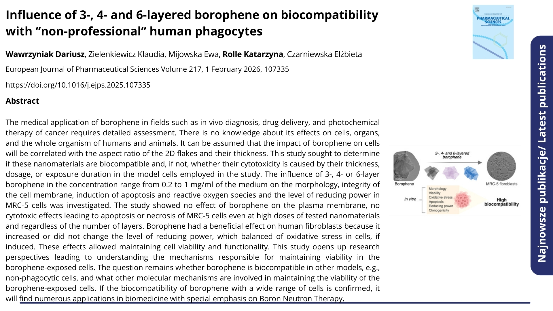 Publikacja Influence of 3-, 4- and 6-layered borophene on biocompatibility with “non-professional” human phagocytes. Kliknij, by zobaczyć więcej.