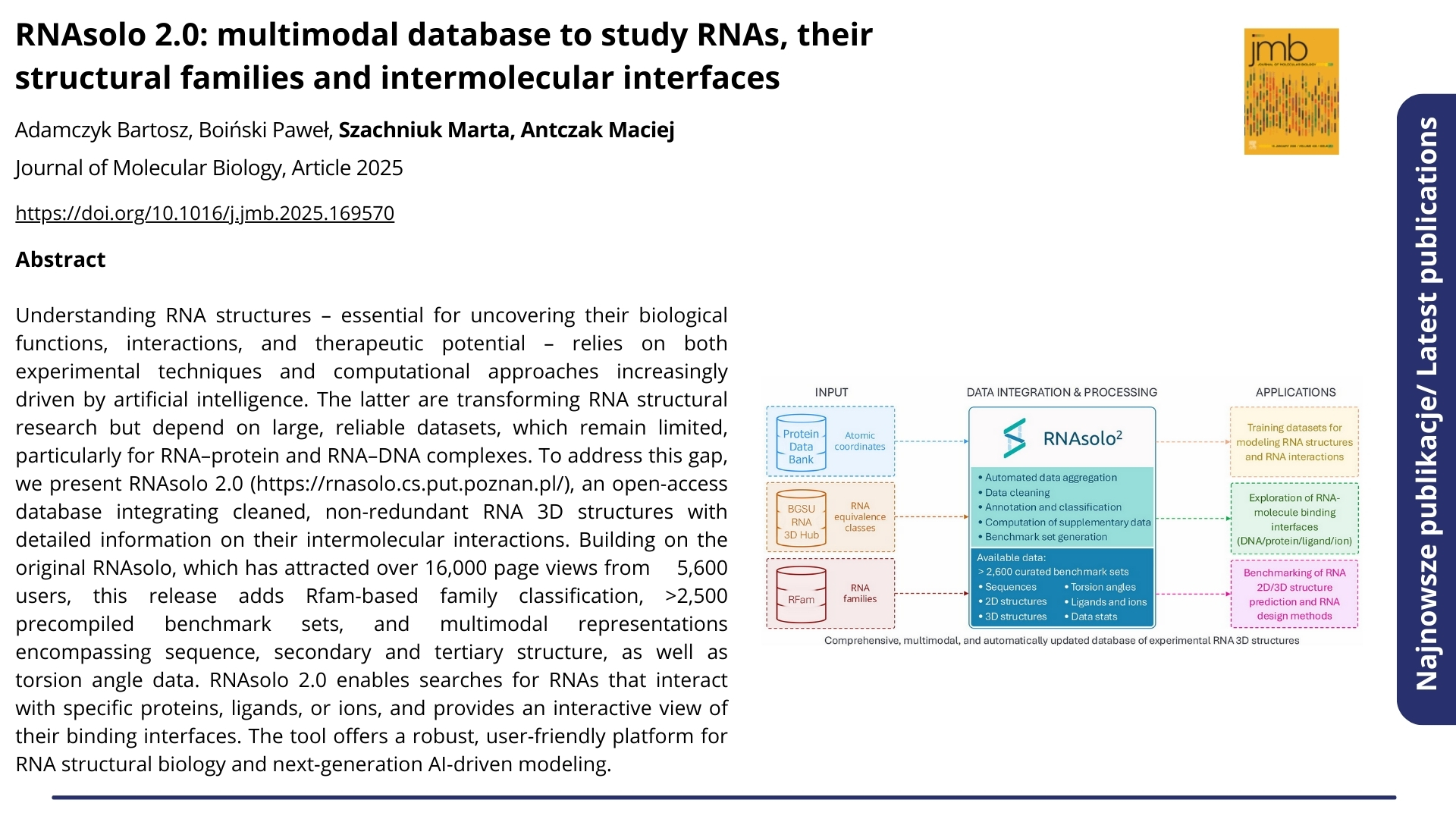 Publikacja RNAsolo 2.0: multimodal database to study RNAs, their structural families and intermolecular interfaces. Kliknij, by zobaczyć więcej.