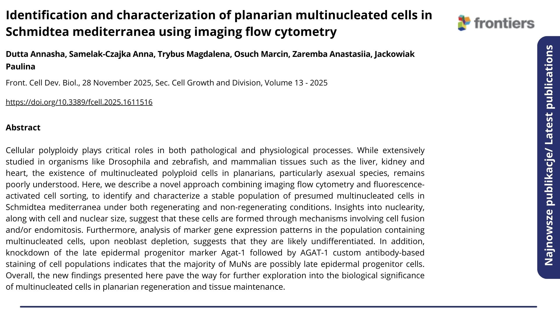Publikacja Identification and characterization of planarian multinucleated cells in Schmidtea mediterranea using imaging flow cytometry. Kliknij, by zobaczyć więcej.