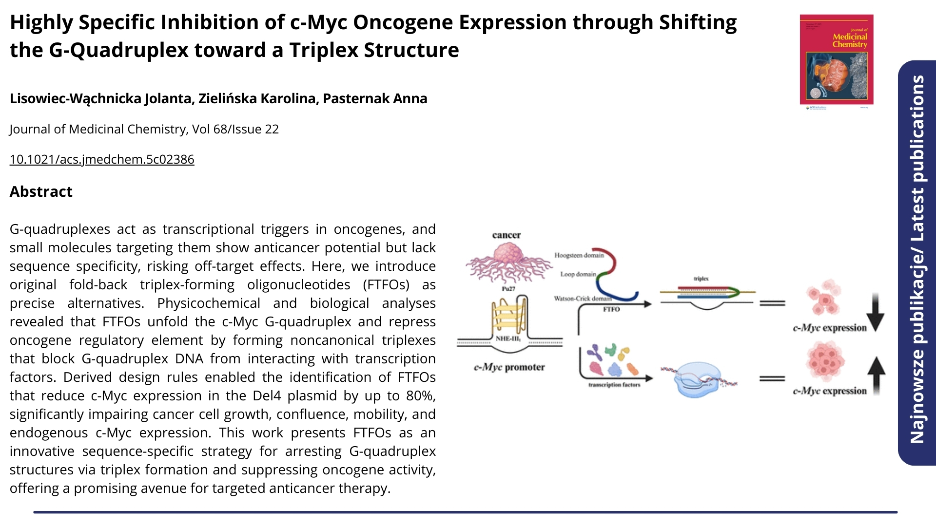  Publikacja Highly Specific Inhibition of c-Myc Oncogene Expression through Shifting the G-Quadruplex toward a Triplex Structure. Kliknij, by zobaczyć więcej.