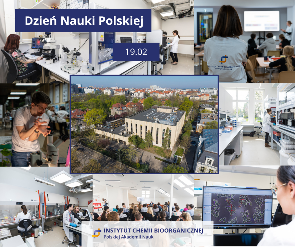 Grafika złożona z kilku zdjęć - w centrum znajduje się budynek ICHB PAN, a wokół niego zdjęcia naukowców przy pracy