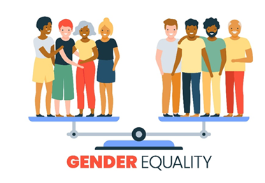 Waga w pozycji neutralnej, gdzie na jednej szali znajduje się grupa mężczyzn, a na drugiej grupa kobiet, z podpisem "Gender Equality"