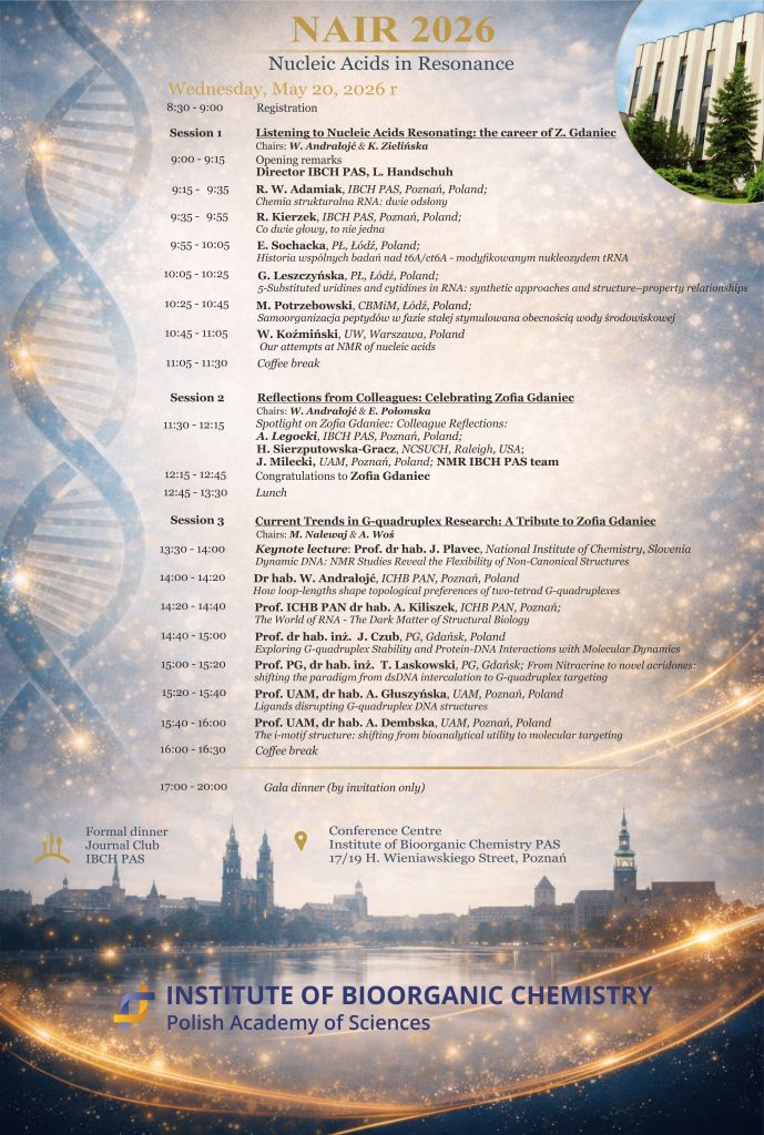 NAIR 2026
Nucleic Acids in Resonance
Wednesday, May 20, 2026
8:30-9:00 Registration

Session 1
Listening to Nucleic Acids Resonating: the career of Z. Gdaniec Chairs: W. Andrałojć & K. Zielińska

9:00 - 9:15 Opening remarks
Director IBCH PAS, L. Handschuh,

9:15-9:35 Prof. dr hab. R. W. Adamiak, ICHB PAN, Poznań; Chemia strukturalna RNA: dwie odsłony


9:35 9:55 Prof. dr hab. R. Kierzek, ICHB PAN, Poznań

Co dwie głowy to nie jedna

9:55 10:05 Prof. dr hab. inż. E. Sochacka, PŁ, Łódź;
Historia wspólnych badań nad t6A/ct6A - modyfikowanym nukleozydem tRNA


10:05 - 10:25 Dr hab. inż. G. Leszczyńska, prof. PŁ, PŁ, Łódź;
5-Substituted uridines and cytidines in RNA: synthetic approaches and structure-property relationships


10:25 10:45 Prof. dr hab. inż. M. Potrzebowski, CBMIM, Łódź;
Samoorganizacja peptydów w fazie stałej stymulowana obecnością wody środowiskowej

10:45 - 11:05 Prof. dr hab. W. Koźmiński, UW, Warszawa
Our attempts at NMR of nucleic acids


11:05 - 11:30 Coffee break


Session 2 Reflections from Colleagues: Celebrating Zofia Gdaniec

Chairs: W. Andrałojć & E. Połomska


11:30 - 12:15 Spotlight on Zofia Gdaniec: Colleague Reflections:
A. Legocki, IBCH PAS, Poznań, Poland;
H. Sierzputowska-Gracz, NCSUCH, Raleigh, USA;
J. Milecki, UAM, Poznań, Poland; NMR IBCH PAS team 

12:15-12:45 Congratulations to Zofia Gdaniec

12:45-13:30 Lunch


Session 3 

Current Trends in G-quadruplex Research: A Tribute to Zofia Gdaniec Chairs: M. Nalewaj & A. Woś


13:30-14:00

Keynote lecture: Prof. dr hab. J. Plavec, National Institute of Chemistry, Slovenia Dynamic DNA: NMR Studies Reveal the Flexibility of Non-Canonical Structures


14:00-14:20

Dr hab. W. Andrałojć, ICHB PAN, Poznań;
How loop-lengths shape topological preferences of two-tetrad G-quadruplexes


14:20- 14:40

Dr hab. A. Kiliszek, prof. ICHB PAN, ICHB PAN, Poznań;
The World of RNA - The Dark Matter of Structural Biology


14:40-15:00

Prof. dr hab. inż. J. Czub, PG, Gdańsk;
Exploring G-quadruplex Stability and Protein-DNA Interactions with Molecular Dynamics 


15:00 - 15:20

Dr hab. inż. T. Laskowski, prof. PG, PG, Gdańsk; From Nitracrine to novel acridones: shifting the paradigm from dsDNA intercalation to G-quadruplex targeting

15:20 - 15:40

Dr hab. A. Głuszyńska, prof. UAM, UAM, Poznań;
Ligands disrupting G-quadruplex DNA structures


15:40-16:00 

Dr hab. A. Dembska, prof. UAM, UAM, Poznań;
The i-motif structure: shifting from bioanalytical utility to molecular targeting

16:00-16:30

Coffee break


17:00-20:00
Gala dinner (by invitation only)
Formal dinner Journal Club IBCH PAS
Conference Centre
Institute of Bioorganic Chemistry PAS
17/19 H. Wieniawskiego Street, Poznań
INSTITUTE OF BIOORGANIC CHEMISTRY Polish Academy of Sciences