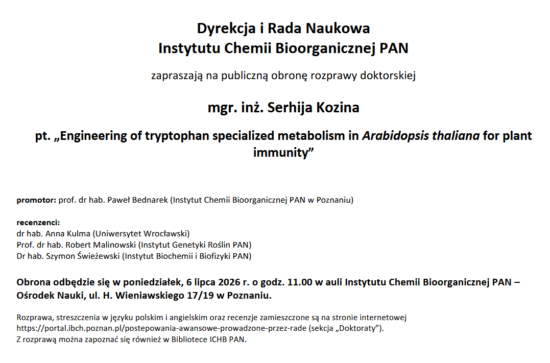Dyrekcja i Rada Naukowa Instytutu Chemii Bioorganicznej PAN zapraszają na publiczną obronę rozprawy doktorskiej mgr. inż. Serhija Kozina pt. „Engineering of tryptophan specialized metabolism in Arabidopsis thaliana for plant immunity” promotor: prof. dr hab. Paweł Bednarek (Instytut Chemii Bioorganicznej PAN w Poznaniu) recenzenci: dr hab. Anna Kulma (Uniwersytet Wrocławski) Prof. dr hab. Robert Malinowski (Instytut Genetyki Roślin PAN) Dr hab. Szymon Świeżewski (Instytut Biochemii i Biofizyki PAN) Obrona odbędzie się w poniedziałek, 6 lipca 2026 r. o godz. 11.00 w auli Instytutu Chemii Bioorganicznej PAN – Ośrodek Nauki, ul. H. Wieniawskiego 17/19 w Poznaniu. Rozprawa, streszczenia w języku polskim i angielskim oraz recenzje zamieszczone są na stronie internetowej https://portal.ibch.poznan.pl/postepowania-awansowe-prowadzone-przez-rade (sekcja „Doktoraty”). Z rozprawą można zapoznać się również w Bibliotece ICHB PAN.